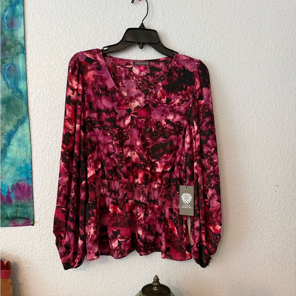Vince Camuto Pink and Black Floral V-Neck Blouse with Sheer Balloon-Sleeves